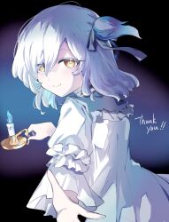 Rule 34 | 1girl, black choker, blue fire, blue hair, blush, candle, choker, closed mouth, commission, dress, fire, from side, gradient hair, hair between eyes, hair ribbon, haru (eharuru 32), highres, holding, holding candle, long sleeves, looking at viewer, multicolored hair, orange eyes, original, outstretched arm, reaching, reaching towards viewer, ribbon, shadow, short hair, side ponytail, sidelocks, skeb commission, smile, solo, thank you, upper body, white dress, white hair, white ribbon