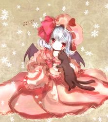 Rule 34 | 1girl, bad id, bad pixiv id, bat wings, blue hair, blush, bow, cat, frills, hat, hat bow, himemurasaki, mob cap, red eyes, remilia scarlet, snowflakes, solo, touhou, wings