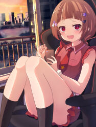 Rule 34 | :d, black socks, blush, braid, brown hair, cellphone, chair, character request, city, convenient leg, day, doyagao, fang, french braid, hair ornament, hairclip, highres, indoors, knees up, looking at viewer, necktie, open mouth, phone, railing, red eyes, red necktie, red skirt, scrunchie, seek arrow, short hair, sitting, skin fang, skirt, sleeveless, smile, smug, socks, solo, star (symbol), star hair ornament, virtual youtuber, white scrunchie, window, wrist scrunchie