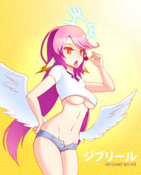 Rule 34 | 10s, 1girl, angel wings, breasts, candy, spiked halo, crop top, crop top overhang, feathered wings, food, groin, halo, hand on own hip, highres, jibril (no game no life), kuso otoko, large breasts, lollipop, long hair, low wings, magic circle, midriff, navel, no game no life, open fly, open mouth, purple hair, shirt, short shorts, shorts, skindentation, solo, taut clothes, taut shirt, tongue, unbuttoned, underboob, unzipped, very long hair, white wings, wings, yellow eyes