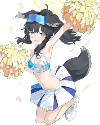 Rule 34 | 1girl, animal ears, arm up, black hair, blue archive, blue eyes, blush, breasts, cheerleader, cleavage, clothes writing, commentary, confetti, crop top, dog ears, dog girl, dog tail, full body, goggles, goggles on head, halo, hibiki (blue archive), hibiki (cheer squad) (blue archive), highres, holding, holding pom poms, jumping, long hair, looking at viewer, medium breasts, millennium cheerleader outfit (blue archive), open mouth, pleated skirt, pom pom (cheerleading), pom poms, ponytail, shoes, simple background, skirt, sneakers, solo, star (symbol), sticker, sticker on face, tail, wasabi60, white background, white footwear