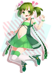 Rule 34 | 1girl, :d, armband, bad id, bad pixiv id, bare shoulders, blush, bracelet, dress, fang, female focus, fingernails, flat chest, full body, green dress, green eyes, green footwear, green hair, green nails, green theme, hair ornament, high heels, highres, jewelry, knees together feet apart, legs, locadol promotion, looking at viewer, matching hair/eyes, midriff, naako0023, nail polish, navel, open mouth, original, polka dot, ribbon, saitama, scrunchie, shadow, shoes, short dress, short hair, short twintails, smile, solo, thighhighs, twintails, white background, white thighhighs, zettai ryouiki