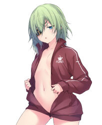 Rule 34 | 1girl, blue eyes, breasts, clothes writing, cowboy shot, eyepatch, green hair, highres, jacket, kantai collection, kiso (kancolle), kiso kai ni (kancolle), naked jacket, navel, official alternate costume, open clothes, open jacket, red jacket, sakana (flame sakana), school uniform, serafuku, short hair, simple background, small breasts, solo, triangle mouth, white background