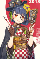 Rule 34 | 1girl, 2018, :d, asymmetrical clothes, black hat, blue hair, blunt bangs, blush, brown gloves, buckle, calligraphy brush, checkered clothes, checkered kimono, detached collar, eyewear on headwear, facepaint, fingerless gloves, flower, gloves, green ribbon, hair flower, hair ornament, hair ribbon, hat, head tilt, highres, holding, holding brush, index finger raised, japanese clothes, kaito (k4itoh), kimono, leather, leather gloves, long sleeves, machinery, mole, mole under eye, open mouth, orange eyes, original, paddle, paintbrush, ribbon, short hair, single fingerless glove, single glove, smile, solo, tassel, top hat, translation request, two-tone background, upper body, watch, wide sleeves, wristwatch, yellow-framed eyewear