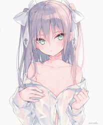 Rule 34 | 1girl, bandaid, bare shoulders, closed mouth, collarbone, eve-chan, flat chest, green eyes, hair ribbon, highres, long hair, long sleeves, looking at viewer, no bra, off shoulder, original, ribbon, rurudo, shirt, sidelocks, silver hair, simple background, solo, two side up, upper body, white background, white ribbon, white shirt