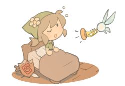 Rule 34 | 1girl, bed, black hair, brown hair, cloak, cosplay, deku shield, flower, green cloak, green headwear, hair flower, hair ornament, instrument, link (cosplay), looking at another, navi, nintendo, one eye closed, original, pillow, shield, sword, temmie chang, temmie chang (character), the legend of zelda, the legend of zelda: ocarina of time, trumpet, under covers, weapon, white background, wooden shield