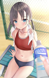 Rule 34 | 1girl, akino ell, bare arms, bare shoulders, black buruma, blue eyes, blurry, bottle, brown hair, buruma, closed mouth, depth of field, highres, long hair, looking at viewer, midriff, navel, original, pocari sweat, sitting, solo, sports bra, stomach, sweat, thighs, towel, towel around neck, twintails, water bottle