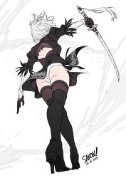 Rule 34 | 1girl, ass, back, back cutout, black footwear, black gloves, boots, brown thighhighs, clothing cutout, dated, feather trim, flat color, gloves, grey hair, high heel boots, high heels, highres, holding, holding sword, holding weapon, katana, knee boots, nier (series), nier:automata, puffy sleeves, sakon04, short hair, signature, solo, standing, sword, thighhighs, weapon, 2b (nier:automata)