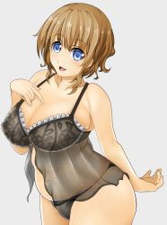 Rule 34 | 1girl, blue eyes, blush, bra, breasts, brown hair, cleavage, covered erect nipples, highres, kumahachi, large breasts, open mouth, original, panties, plump, smile, solo, underwear