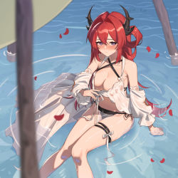 Rule 34 | 1girl, absurdres, arknights, bare shoulders, bikini, black bikini, black ribbon, blush, bow, breasts, cleavage, closed mouth, collarbone, criss-cross halter, day, detached sleeves, embarrassed, feet out of frame, female focus, hair rings, halterneck, highres, horns, knees together feet apart, knees up, large breasts, long hair, long sleeves, looking at viewer, nose blush, official alternate costume, outdoors, petals, purple eyes, red hair, ribbon, see-through, shallow water, side-tie bikini bottom, sitting, solo, surtr (arknights), surtr (colorful wonderland) (arknights), swimsuit, swimsuit cover-up, thigh strap, very long hair, wakamezake, water, wet, wet clothes, white bow, zidu (9478296)