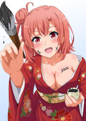 1girl 2025 bodypaint breasts cleavage collarbone crossed_bangs floral_print floral_print_kimono hair_bun highres holding holding_paintbrush japanese_clothes kimono konoyan large_breasts medium_hair no_bra obi open_mouth paintbrush pink_hair red_eyes red_kimono sash simple_background single_hair_bun single_side_bun smile teeth upper_teeth_only wide_sleeves yahari_ore_no_seishun_lovecome_wa_machigatteiru. yellow_sash yuigahama_yui