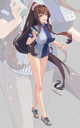 Rule 34 | 1girl, alternate costume, artist name, asymmetrical shirt, blue shirt, brown eyes, brown hair, commentary, cross-laced footwear, drink, full body, grey footwear, hair intakes, highres, himeyamato, holding, holding drink, id card, kantai collection, legs, long hair, looking ahead, no pants, open mouth, ponytail, ramune, shirt, short sleeves, smile, solo, standing, symbol-only commentary, thighs, very long hair, watch, wristwatch, yamato (kancolle)