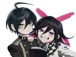 Rule 34 | 2boys, ahoge, black hair, book, brown eyes, buttons, chain, checkered clothes, checkered scarf, cross, danganronpa (series), danganronpa v3: killing harmony, double-breasted, grey background, grey jacket, grin, hair between eyes, haji (hajimaji), hand on another&#039;s shoulder, highres, holding, holding book, jacket, looking at viewer, male focus, multicolored hair, multiple boys, oma kokichi, open book, purple eyes, purple hair, saihara shuichi, scarf, short hair, smile, teeth, two-tone hair