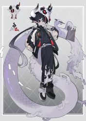 Rule 34 | 1boy, argyle, argyle background, argyle clothes, artist logo, artist name, black eyes, black footwear, black hair, black jacket, black kimono, border, closed mouth, color guide, cross-laced footwear, dragon boy, dragon horns, dragon tail, ear piercing, earrings, extra legs, full body, gradient background, gradient hair, grey background, grey hair, hair between eyes, hand in pocket, hand up, highres, horned mask, horns, inset border, jacket, japanese clothes, jewelry, kimono, long hair, long sleeves, looking at viewer, male focus, mask, mask on head, mismatched pupils, multicolored eyes, multicolored hair, onotsuki w2, original, outside border, pale skin, piercing, pointy ears, puffy long sleeves, puffy sleeves, red eyes, ringed eyes, scales, shoes, short hair with long locks, smile, sneakers, solo, tail, tassel, twitter username, very long hair, very long tail, white border, white horns, white jacket