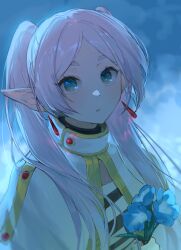 Rule 34 | 1girl, absurdres, aqua eyes, earrings, elf, flower, frieren, highres, jewelry, long hair, looking at viewer, nannaspad, parted lips, pointy ears, solo, sousou no frieren, twintails, white hair