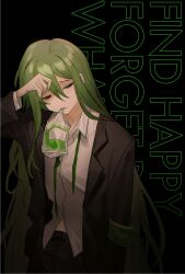 Rule 34 | 1boy, armband, as-zero, bag, black background, black jacket, black pants, collared shirt, cowboy shot, green armband, green hair, hair between eyes, hand up, highres, jacket, lobotomy corporation, long hair, long sleeves, looking to the side, mouth hold, necktie, netzach (project moon), pants, project moon, shirt, sidelocks, simple background, solo, undone necktie, very long hair, white shirt, wing collar