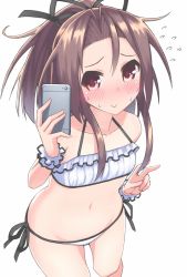Rule 34 | 10s, 1girl, :&gt;, alternate costume, bare shoulders, bikini, blush, breasts, brown eyes, brown hair, cellphone, collarbone, crop top, embarrassed, flying sweatdrops, from above, hair between eyes, halterneck, kantai collection, looking at viewer, navel, phone, ponytail, s ibane, selfie, side-tie bikini bottom, small breasts, smartphone, smile, solo, stomach, swimsuit, v, white bikini, zuihou (kancolle)