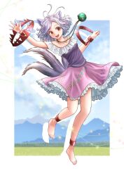 Rule 34 | 1girl, animal ears, barefoot, bear trap, breasts, commentary request, dog ears, dog girl, dog tail, frills, full body, highres, jewelry, kyabekko, mitsugashira enoko, multiple tails, necklace, off-shoulder shirt, off shoulder, open mouth, petticoat, pink skirt, purple hair, purple shirt, red eyes, shirt, short hair, skirt, sleeveless, sleeveless shirt, small breasts, smile, solo, tail, touhou