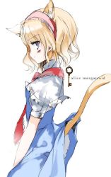 Rule 34 | 1girl, alice margatroid, animal ears, bad id, bad twitter id, blonde hair, blue dress, blue eyes, blush, capelet, cat ears, cat tail, character name, cierra (ra-bit), clothes lift, dress, dress lift, hairband, key, lolita hairband, necktie, profile, puffy sleeves, ra-bit, shirt, short hair, short sleeves, simple background, solo, tail, touhou, white background, white shirt
