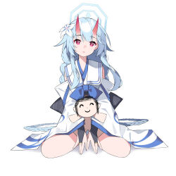 Rule 34 | 1girl, absurdly long hair, doodle sensei (blue archive), blue archive, blue bow, blue hair, blue kimono, bow, bridal gauntlets, bright pupils, chise (blue archive), detached sleeves, flower, hair flower, hair ornament, halo, horns, japanese clothes, kimono, long braid, long hair, oni horns, red eyes, red horns, sailor collar, sensei (blue archive), simple background, sitting, sleeveless, sleeveless kimono, suimz, two-tone kimono, very long hair, wariza, white background, white kimono, white pupils, white sailor collar, wide sleeves