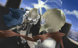 Rule 34 | 1boy, 1girl, absurdres, armor, armored boots, assassin cross (ragnarok online), black gloves, black thighhighs, blonde hair, blue cape, blue eyes, blue sky, boobplate, boots, breastplate, breasts, breasts apart, brown skirt, cape, closed mouth, cloud, commentary request, dutch angle, elbow gloves, fake horns, fuhak, full body, gauntlets, gloves, hairband, highres, holding, holding sword, holding weapon, horns, long hair, looking at another, medium breasts, outdoors, paladin (ragnarok online), pauldrons, ragnarok online, red eyes, red scarf, scarf, short hair, shoulder armor, skirt, sky, spiked gauntlets, sun, sword, thighhighs, tile floor, tiles, upper body, weapon, white hairband, white horns