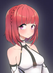 Rule 34 | 1girl, absurdres, aikawa aika, alice gear aegis, bare shoulders, black background, black necktie, blunt bangs, blush, braid, breasts, closed mouth, crown braid, elbow gloves, eyelashes, gloves, highres, looking to the side, necktie, pink eyes, red hair, saya species, short hair, simple background, sleeveless, small breasts, smile, solo, straight hair, tight clothes, upper body, white gloves