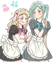 2girls adjusting_clothes apron black_dress blonde_hair blush braid commentary_request dress gradient_hair green_hair green_ribbon grey_dress hair_ornament highres idgukgu long_hair love_live! love_live!_superstar!! maid maid_apron maid_headdress multicolored_hair multiple_girls onitsuka_natsumi onitsuka_tomari pink_hair pink_ribbon red_eyes ribbon siblings sisters star_(symbol) star_hair_ornament tongue tongue_out twintails white_background wrist_cuffs