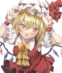 Rule 34 | 1girl, :o, arms up, ascot, blonde hair, blush, bow, breasts, collarbone, collared shirt, commentary request, crystal, eyelashes, fang, fingernails, flandre scarlet, frilled sleeves, frills, gem, hair between eyes, hat, hat ribbon, highres, medium breasts, mob cap, one side up, open mouth, puffy short sleeves, puffy sleeves, red bow, red eyes, red gemstone, red ribbon, red skirt, red vest, ribbon, shiromoru (yozakura rety), shirt, short hair, short sleeves, side ponytail, simple background, skin fang, skirt, solo, standing, touhou, upper body, vest, white background, white hat, white sleeves, wing collar, wings, wrist cuffs, yellow ascot