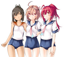 Rule 34 | 10s, 3girls, blush, breasts, brown hair, highres, i-168 (kancolle), i-401 (kancolle), i-58 (kancolle), kaminagi (kaminagi-tei), kantai collection, looking at viewer, multiple girls, one-piece swimsuit, ponytail, red hair, school swimsuit, school uniform, serafuku, short hair, small breasts, smile, swimsuit, swimsuit under clothes