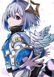 Rule 34 | 1girl, absurdres, amane kanata, amane kanata (1st costume), angel, angel wings, armband, bad id, bad pixiv id, blue hair, blunt bangs, bob cut, bow, bowtie, dress, frills, from side, hair between eyes, halo, hand up, high collar, highres, hololive, jacket, long sleeves, looking at viewer, looking to the side, medium hair, parted lips, pension z, petals, plaid, purple eyes, sailor collar, sidelocks, single hair intake, solo, star halo, upper body, virtual youtuber, white background, wide sleeves, wings, wrist cuffs