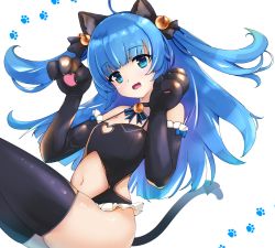Rule 34 | 1girl, :o, animal ears, animal hands, bell, black leotard, black ribbon, black thighhighs, blue eyes, blue hair, cat ears, cat tail, clothing cutout, eari, elbow gloves, frilled leotard, frills, gloves, hair bell, hair ornament, hair ribbon, highres, jingle bell, king&#039;s raid, leotard, lilia (king&#039;s raid), long hair, looking at viewer, navel, navel cutout, open mouth, paw gloves, paw pose, paw print, ribbon, shiny skin, simple background, solo, tail, thighhighs, two side up, white background