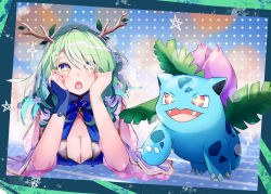 Rule 34 | 1girl, antlers, breasts, ceres fauna, cleavage cutout, clothing cutout, creatures (company), crossover, game freak, gen 1 pokemon, highres, hololive, hololive english, horns, ivysaur, large breasts, nintendo, pokemon, taiyo sketches, virtual youtuber