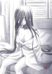Rule 34 | 1girl, bare shoulders, bed, breasts, cleavage, commentary request, ebifly, female pubic hair, greyscale, hair over one eye, large breasts, long hair, long sleeves, monochrome, naked shirt, off shoulder, pubic hair, saliva, sanpaku, shirt, signature, sitting, solo, the ring, tongue, tongue out, very long hair, wide-eyed, yamamura sadako