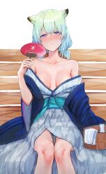 Rule 34 | 1girl, absurdres, animal ears, bare shoulders, bath yukata, blue archive, blush, breasts, breasts apart, bucket, collarbone, feet out of frame, green hair, hand fan, hanten (clothes), highres, holding, holding fan, japanese clothes, kaze 22, kimono, looking at viewer, medium breasts, no halo, obi, official alternate costume, paper fan, purple eyes, sash, shigure (blue archive), shigure (hot spring) (blue archive), short twintails, sitting, solo, sweat, tokkuri, twintails, weasel ears, wooden bucket, yukata