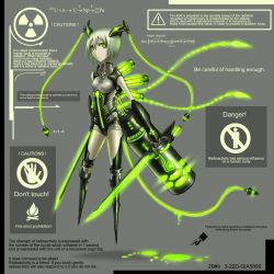 Rule 34 | 1girl, android, armor, bodysuit, cyborg, dripping, dual wielding, english text, engrish text, frown, gia, glowing, green eyes, hair between eyes, hair ornament, highres, holding, mecha musume, neon trim, personification, pixiv fantasia, pixiv fantasia 3, radiation symbol, radioactive, ranguage, robot, short hair, solo, sword, tail, weapon, white hair