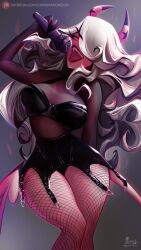 Rule 34 | 1girl, arm behind back, arm up, black lips, breasts, chromaticmood, cleavage, colored skin, cowboy shot, curly hair, demon girl, demon horns, demon tail, fishnet pantyhose, fishnets, hair over one eye, helluva boss, highres, horns, large breasts, long hair, looking at viewer, microphone, music, navel, open mouth, pantyhose, pink eyes, pink horns, pink skin, see-through, see-through cleavage, see-through sleeves, sidelocks, singing, skirt, slit pupils, solo, star (symbol), tail, verosika mayday, very long hair, white hair