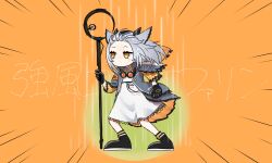 Rule 34 | 1girl, animal ears, arknights, armband, gloves, goggles, highres, holding, holding staff, kyoufuu all back (vocaloid), landl, no mouth, orange background, orange eyes, ptilopsis (arknights), staff, vocaloid