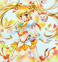 Rule 34 | 10s, 1girl, at classics, blonde hair, boots, bow, brooch, cure sunshine, hair ribbon, heart, heart brooch, heartcatch precure!, jewelry, knee boots, long hair, magical girl, marker (medium), midriff, myoudouin itsuki, navel, orange bow, orange skirt, potpourri (heartcatch precure!), precure, ribbon, sample watermark, skirt, traditional media, twintails, watermark, wrist cuffs, yellow bow, yellow eyes, yellow theme