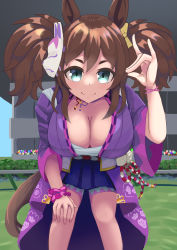 Rule 34 | 1girl, absurdres, animal ears, bent over, blue eyes, breasts, cleavage, closed mouth, commentary request, fox shadow puppet, hair ornament, highres, horse ears, horse girl, horse tail, inari one (umamusume), japanese clothes, large breasts, mask, mask on head, racetrack, sarashi, smile, solo, tail, umamusume, yasaka (rwrk4222)