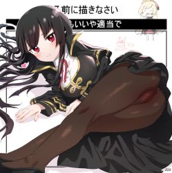 Rule 34 | 2girls, ass, atre, black capelet, black dress, black hair, black pantyhose, blush, breasts, brown pantyhose, cake, cameltoe, capelet, closed mouth, crotch, dress, ecute, female focus, food, from below, heart, jashin-chan dropkick, large breasts, long hair, looking at viewer, lying, multiple girls, neck ribbon, on side, panties, panties under pantyhose, pantyhose, red eyes, red ribbon, ribbon, shirt, smile, solo focus, underwear, vampire, white shirt