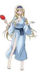 Rule 34 | 10s, 1girl, ;o, ball, barefoot, belt, blonde hair, blue eyes, blue hairband, breasts, cecilia alcott, cleavage, drill hair, full body, hairband, highres, infinite stratos, japanese clothes, kimono, long hair, looking at viewer, medium breasts, one eye closed, open mouth, paddle, solo, table tennis ball, table tennis paddle, transparent background, yukata
