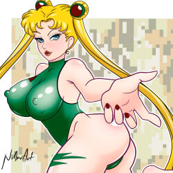 Rule 34 | 1girl, ass, bare shoulders, bishoujo senshi sailor moon, blonde hair, blue eyes, breasts, cammy white, cammy white (cosplay), cosplay, covered erect nipples, crossover, earrings, jewelry, large breasts, leotard, long hair, niller art, sleeveless, street fighter, thong leotard, tsukino usagi, twintails, very long hair