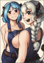 Rule 34 | 2girls, animal ears, backlighting, belt, blue eyes, blue hair, blue overalls, blush, borrowed character, braid, braided ponytail, breasts, brown belt, brown horns, cleavage, closed mouth, clothing cutout, commentary, commentary request, cow ears, cow girl, cow horns, cow tail, cowboy shot, english commentary, fake animal ears, fake horns, grey background, highres, horns, large breasts, long hair, looking at viewer, looking back, multiple girls, nandi (puchirisu), open mouth, original, overalls, puchirisu, red eyes, rina atherina, sideboob, simple background, smile, tail, tail through clothes, teeth, tongue, upper teeth only, white hair