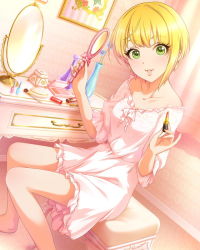 Rule 34 | 10s, 1girl, artist request, barefoot, blonde hair, bottle, cosmetics, green eyes, hand mirror, idolmaster, idolmaster cinderella girls, lipstick, lipstick tube, looking at viewer, makeup, mirror, miyamoto frederica, official art, perfume bottle, picture frame, pinky out, plant, short hair, solo, star (symbol)