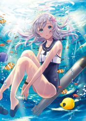 Rule 34 | 1girl, air bubble, blue eyes, blush, bubble, fish, flower, hair flower, hair ornament, hanekoto, kantai collection, ocean, one-piece tan, open mouth, ro-500 (kancolle), slippers, solo, swimsuit, swimsuit under clothes, tan, tanline, torpedo, underwater, weapon, white hair