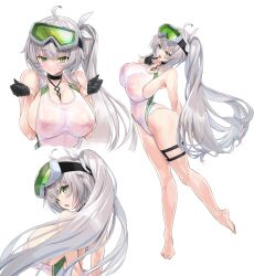 Rule 34 | 1girl, absurdres, ahoge, air mattress, bikini, breasts, cameltoe, cleavage, commission, competition swimsuit, covered erect nipples, full body, green eyes, grey hair, hair ornament, highleg, highres, indie virtual youtuber, kiyama satoshi, large breasts, long hair, looking at viewer, lotion, micro bikini, multiple views, no shoes, one-piece swimsuit, rimuchi (vtuber), side ponytail, skeb commission, smile, solo, standing, swimsuit, toes, tongue, tongue out, virtual youtuber, white one-piece swimsuit