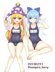 Rule 34 | 2girls, arm up, artist name, ass, bare arms, bare legs, bare shoulders, barefoot, blonde hair, blue bow, blue eyes, blue hair, blue one-piece swimsuit, bow, breasts, cameltoe, character name, cirno, clownpiece, commentary request, covered navel, fairy wings, feet out of frame, grin, hair between eyes, hair bow, hat, highres, ice, ice wings, jester cap, knee up, long hair, looking at viewer, multiple girls, name tag, one-piece swimsuit, one eye closed, open mouth, ougi hina, polka dot, polka dot headwear, purple eyes, purple headwear, school swimsuit, short hair, sidelocks, sitting, small breasts, smile, standing, swimsuit, thighs, touhou, translated, twitter username, very long hair, w, wings