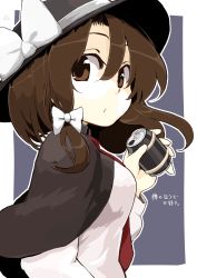 Rule 34 | 1girl, azumaya toushirou, bad id, bad pixiv id, black capelet, black hat, border, bow, brown eyes, brown hair, can, capelet, commentary request, fedora, grey background, hair bow, hand up, hat, hat bow, highres, holding, holding can, long sleeves, looking at viewer, necktie, red necktie, shirt, short hair, simple background, solo, touhou, translation request, upper body, usami renko, white border, white bow, white shirt