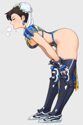 Rule 34 | 1girl, alternate legwear, armor, bent over, black gloves, blue dress, blue panties, blush, bracelet, breasts, brown hair, bun cover, capcom, chun-li, double bun, dress, earrings, closed eyes, fingerless gloves, from side, full body, gloves, greaves, grey background, hands on own knees, heavy breathing, highres, jewelry, knee pads, medium breasts, no bra, no panties, official alternate costume, open mouth, panties, pelvic curtain, revealing clothes, shigenobu, shoes, short hair, sideboob, sneakers, solo, spiked bracelet, spikes, street fighter, street fighter v, sweat, thick thighs, thighs, underwear