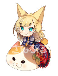 Rule 34 | 1girl, animal ears, armor, armored dress, blonde hair, blue dress, blue eyes, blue pantyhose, blush, boots, brown footwear, chibi, closed mouth, commentary request, commission, copyright request, dress, final fantasy, final fantasy xiv, full body, fur-trimmed boots, fur trim, heart, highres, long hair, nenobi (nenorium), pantyhose, riding, sample watermark, simple background, smile, solo, translation request, watermark, white background